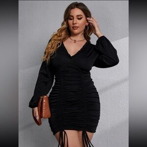 Frill Trim Tie Back Ruched Drawstring Bodycon Dress